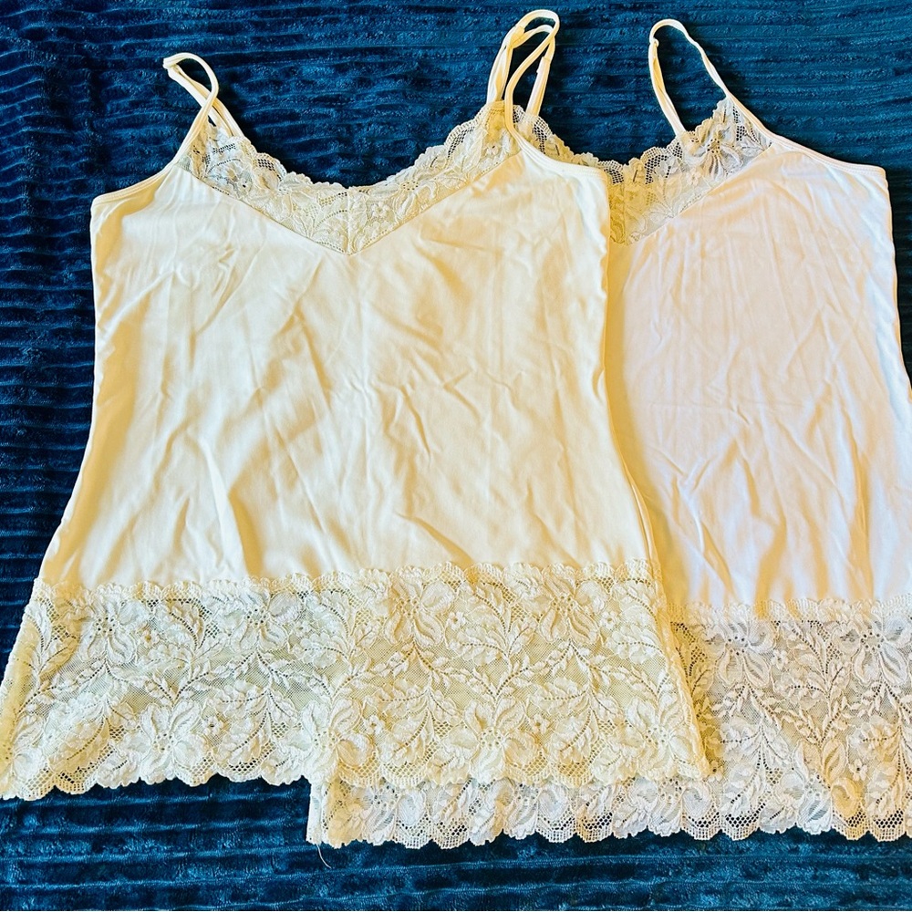 2 Elegant Cream & Off White Lace Trim Camisoles